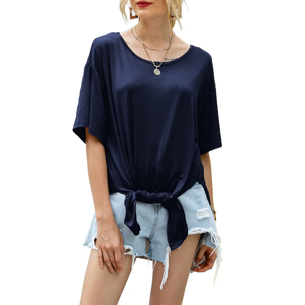 Women T-shirt Summer Fashion 2020 Short Sleeve Loose Tshirt Side Split Knot Bow Ruched Irregular Tee Shirt Tops WDC4969 | Женская одежда