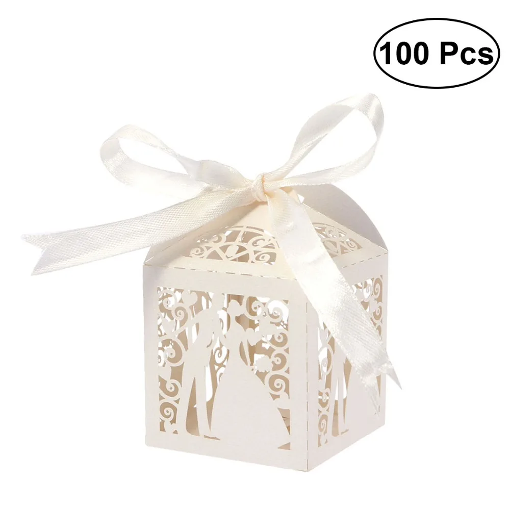 

100pcs Couple Design Luxury Lase Cut Wedding Sweets Candy Gift Favour Boxes with Ribbon Table Decorations (Creamy-white)