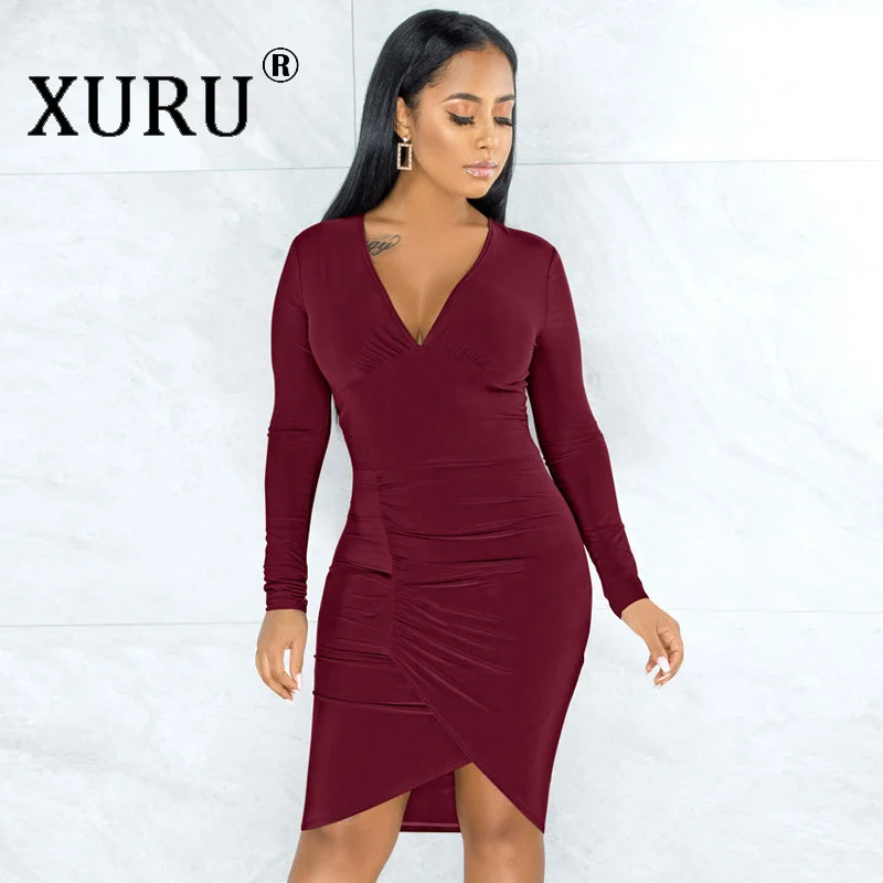 

XURU Net Red Women's V-neck Sexy Dress Fold Irregular Dress