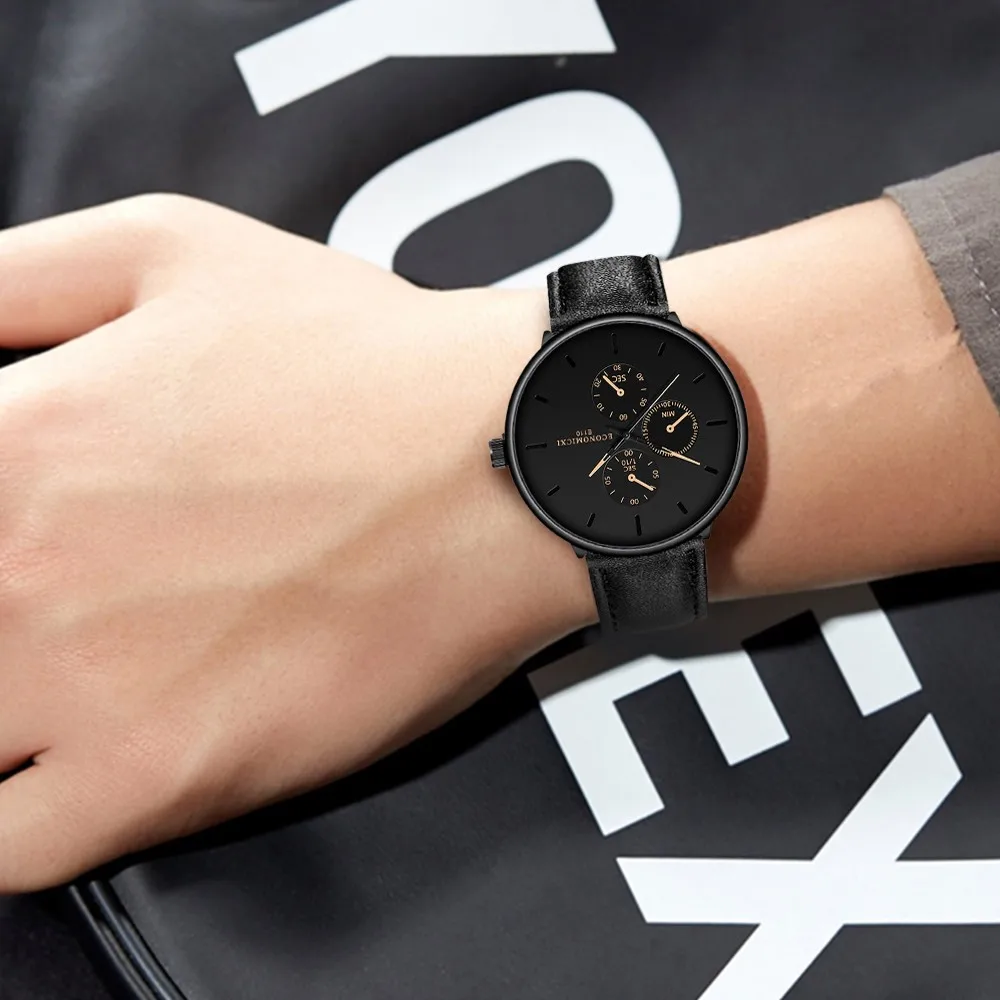 Мужские часы модные черные деловые наручные Простой Кожаный ремешок с тремя