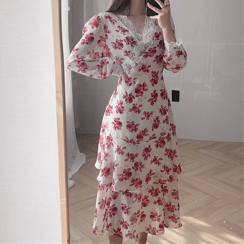 Платье BGTEEVER женское кружевное с V-образным вырезом и цветочным принтом шифоновое