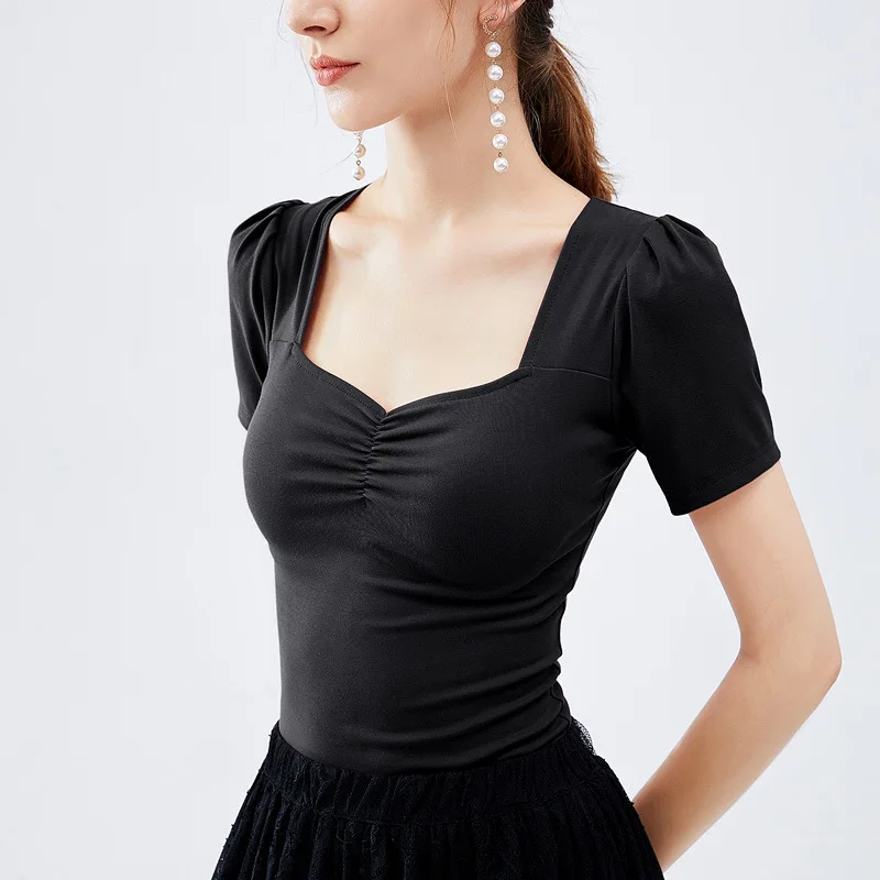 

French square neck short sleeve T-shirt women's new summer bubble sleeve elastic Tight Sexy exposed clavicle top