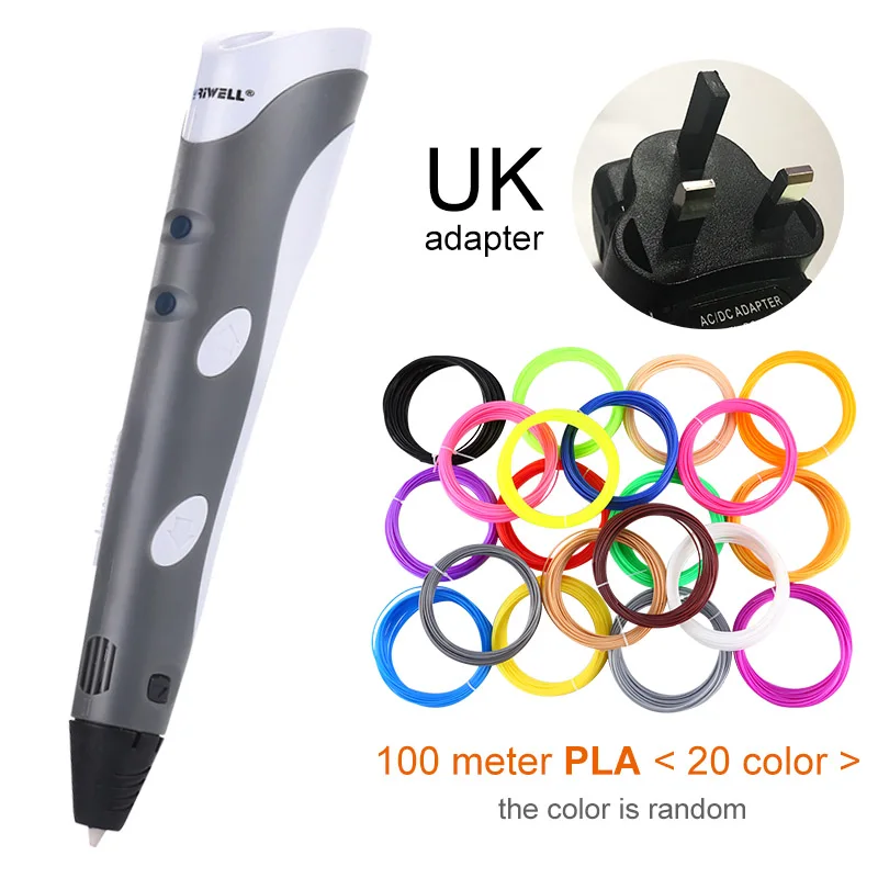 Myriwell, 3D Ручка,, сделай сам, 3D печать, ручка с 100 м ABS/PLA нитью, креативная игрушка, подарок для детей, дизайнерский рисунок - Цвет: Grey UK-100m PLA