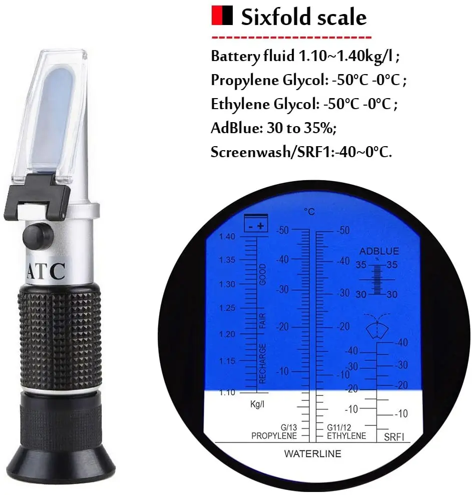 

Antifreeze Refractometer Car Freezing Point RHA-701ATC Car Urea 5 in 1 Tester Ethylene Propylene Glycol Battery Fluid