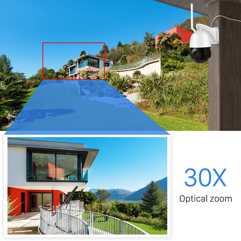 Câmera IP 3MP 5MP PTZ WiFi ao ar livre sem fio 30X com zoom óptico de rastreamento automático IR Night Vision CCTV vigilância