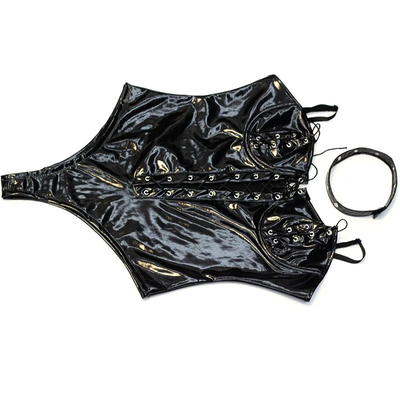 Сексуальное боди Babydoll Wetlook черного цвета открытый бюст шнуровка ПВХ латекс