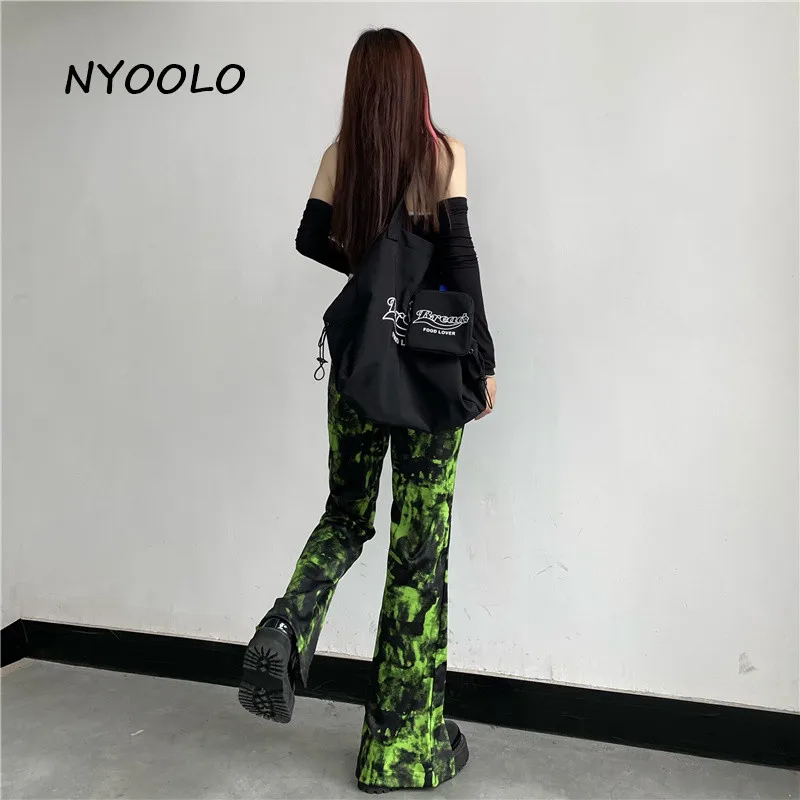 

NYOOLO Sexy Tie Dye Split High Waist Hollow Out Goth Flared Pants Women Clothes Summer Streetwear Y2K 90s Dance Trousers