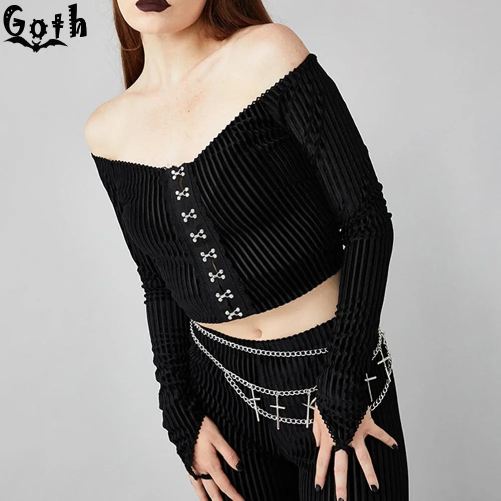 Goth Сексуальная Блузка с открытыми плечами женская прозрачная готическая Черная