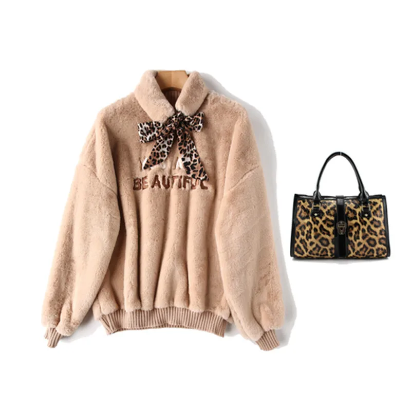 

Hiawatha Faux Rabbit Loose Hoodies Women Fashion Letters Embroidery Sweatshirt Send Leopard Scarf WY7503