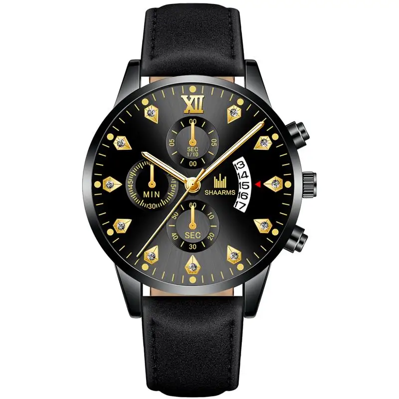 Наручные часы модные мужские черные кожаный ремешок нержавеющая сталь кварцевые