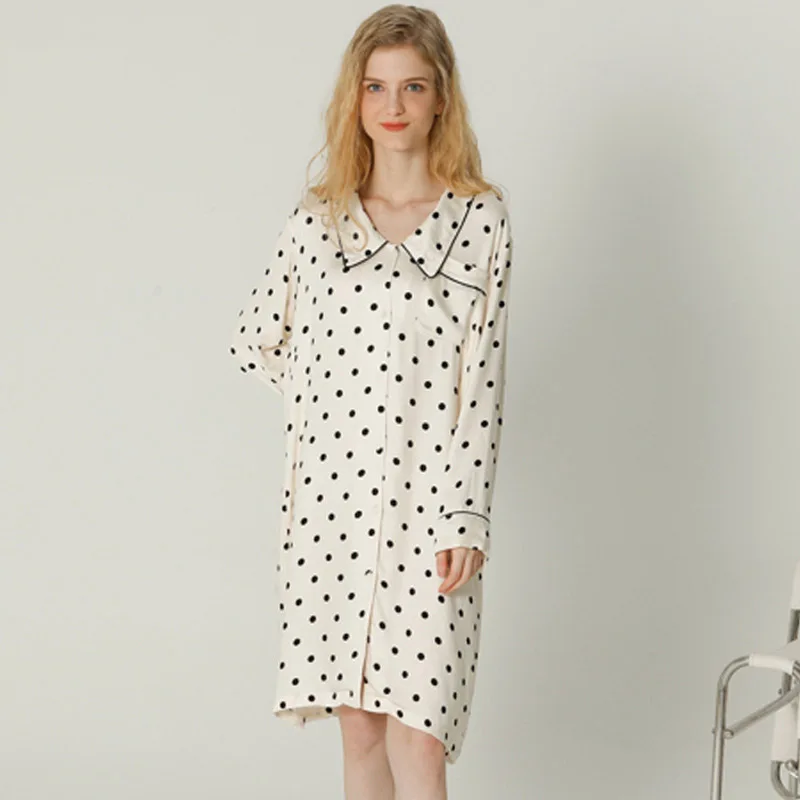 

Spring and Autumn Pajamas new Female Satin Long Sleeve Polka dot Printing Temperament Sweet Home skirt Home dress