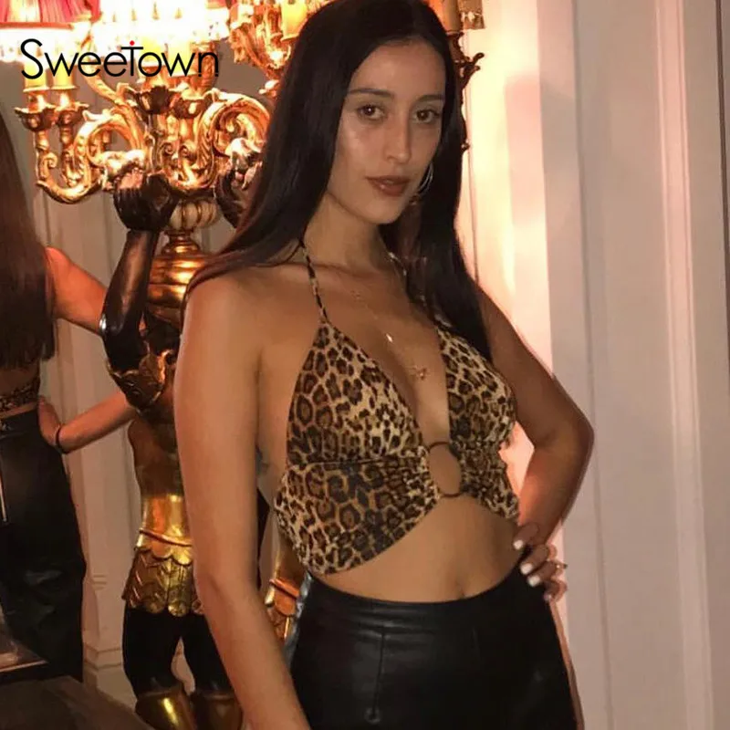 Sweetown с леопардовым принтом без косточек Топ для женщин Мода Лето 2021 на шнуровке