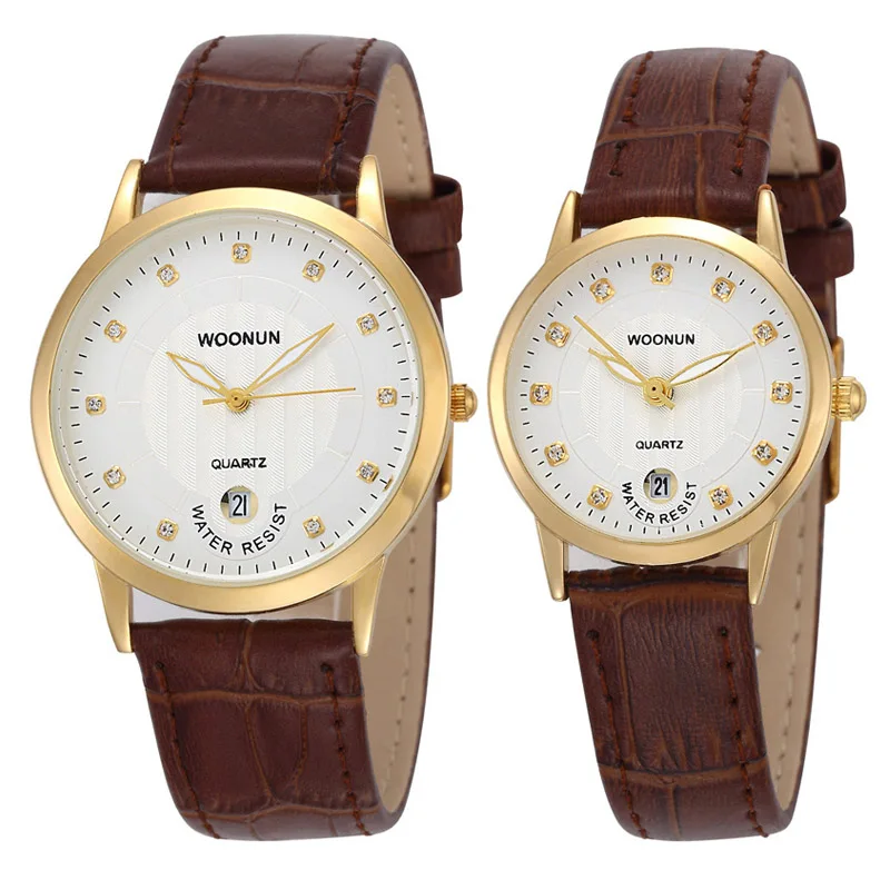 Top Famous Brand Luxury Lovers Watches WOONUN Leather Strap Rhinestone Set Fashion Quartz Couple Watches For Lovers dropshipping