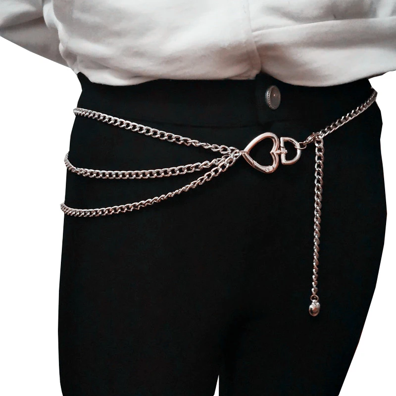 Женский трехслойный ремень с металлической цепочкой золотой серебряный пояс