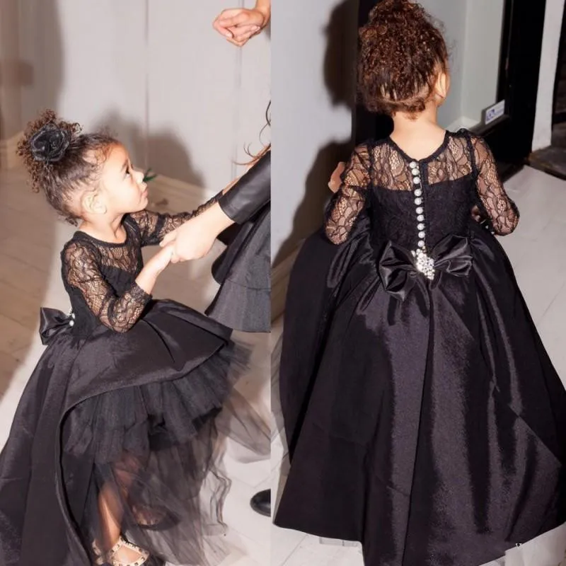 New Little Princess Black High Low Flower Girl Dress for Wedding Long Sleeve Lace Bow Children Birthday Party Dress Pageant Gown