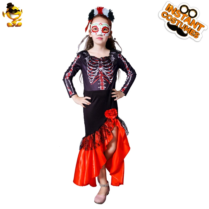 

Girls Skeleton Dress Cosplay Costume Children Halloween Costumes Party Girl Red Skull Party Dress