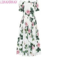 2021 new women summer dress high end custom sicilian rose flowers print runway dress sexy off shoulder slim long dress