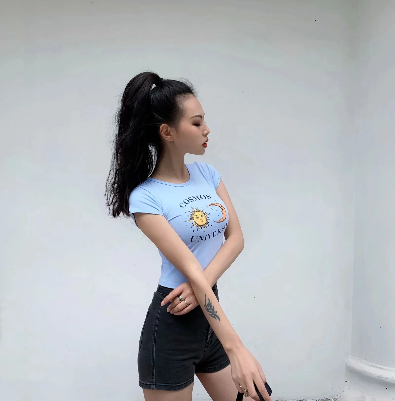 

Sun Moon Graphic Print Casual Fashion Woman Tshirt Half Sleeve Stretchy Tall waist Summer Woman short sleeves Women clothing