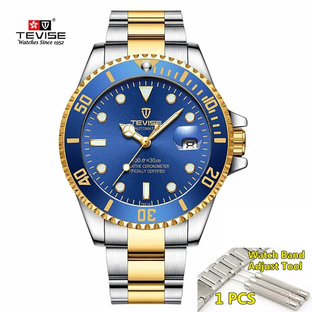 Tevise Top Brand Luxury Men Mechanical Watches Automatic waterproof Stainless Steel Men Wristwatches Relogio Masculino - Цвет: 5-blue-gold-silver