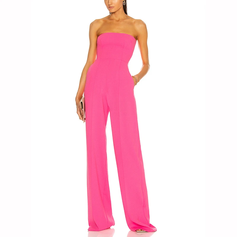 

Женский вечерний комбинезон без бретелек, розовый прямой Облегающий комбинезон с открытыми плечами в стиле звезд, для подиума, для лета, 2021