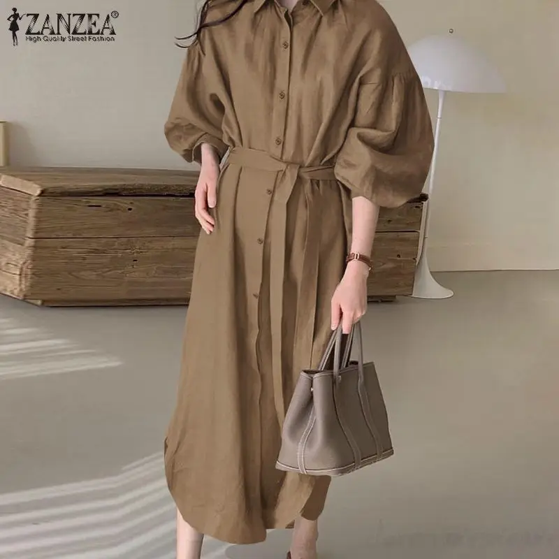 

Элегантное женское офисное длинное платье-рубашка ZANZEA, Осенние вечерние платья с длинными рукавами-фонариками, Стильные повседневные одно...