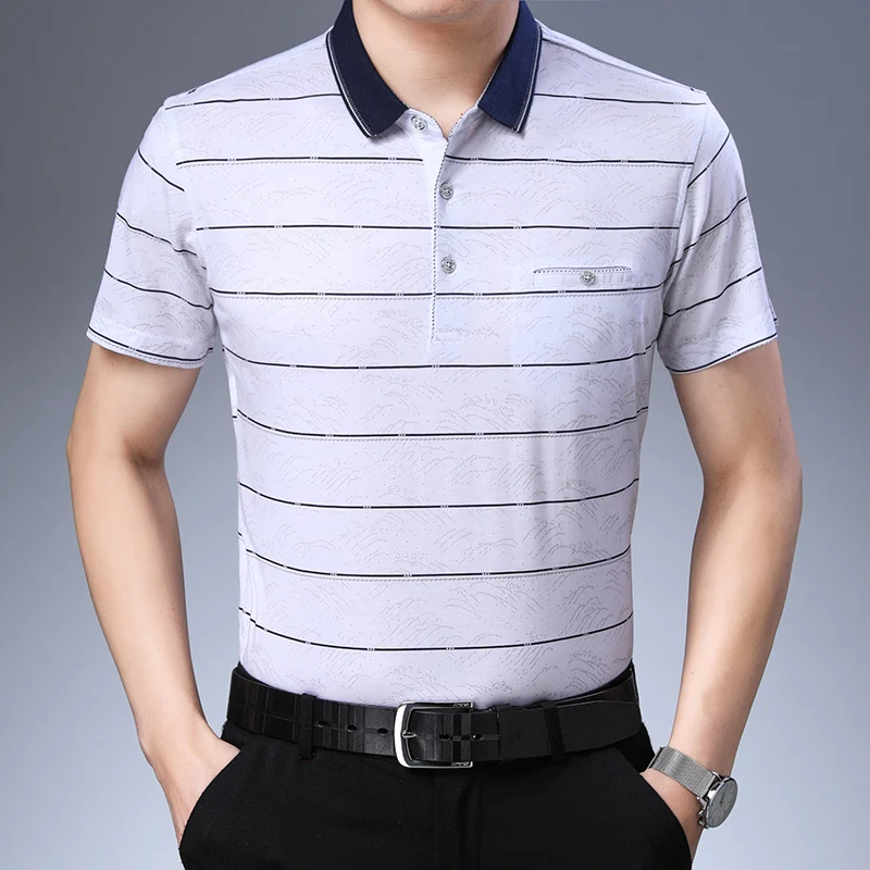 TFETTERS летняя хлопковая Футболка мужская синяя полосатая рубашка с коротким