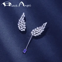 black angel 925 sterling silver angel wings luxury blue tanzanite asymmetry stud earrings for women cz jewelry wedding gift