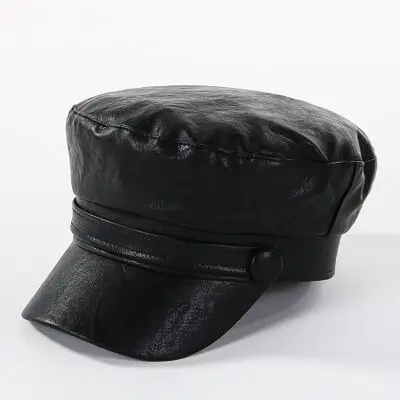 Women Fashion Leather Military Hats Winter Vintage Black Leather Snapback Caps Female Newsboy Hat Casequette Beret Caps - Цвет: Black
