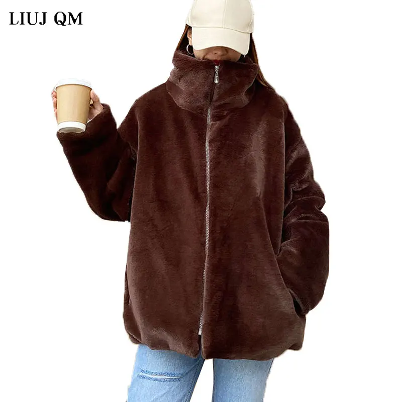 

Autumn Winter Faux Fur Jacket Women Stand Collar Fashion Short Lmitation Fur Coat Women's 2022 New Lazy Loose Warm Plush Coats
