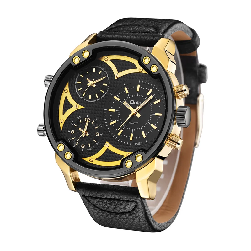 

Oulm Luxury Brand Watches Three Time Zone Watches Men Big Size Men Watches Leather Band Quartz Wristwatches 3548 reloj hombre