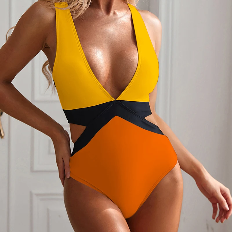 Женский купальный костюм цельный лоскутный Монокини Сексуальные Купальники пуш