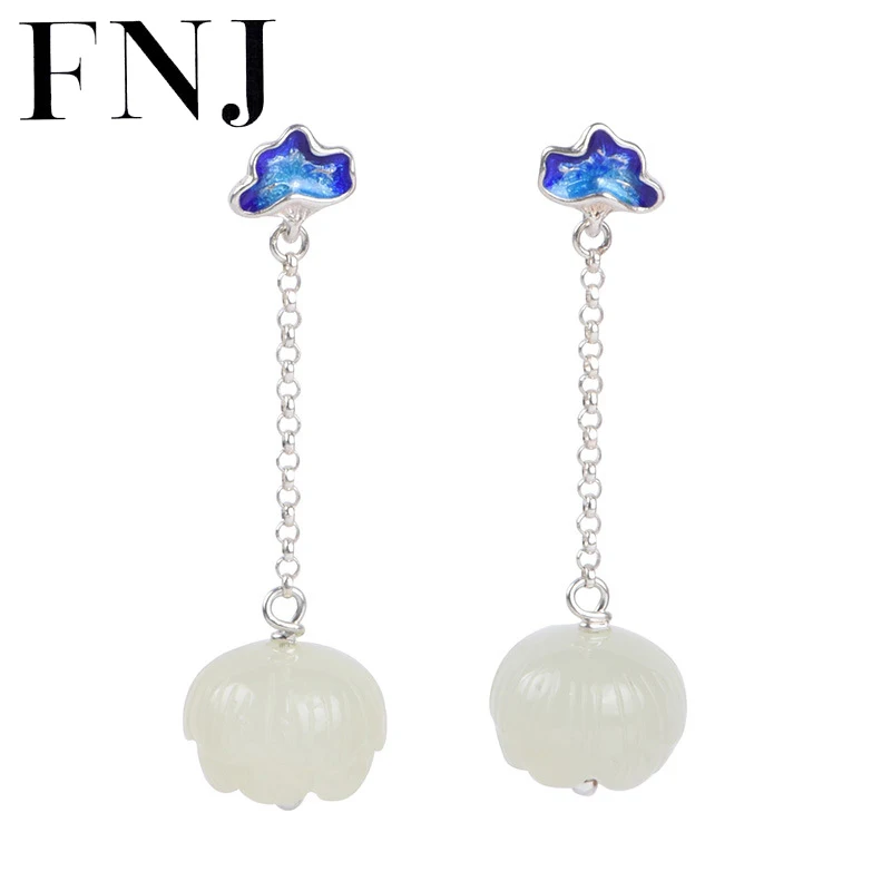 

FNJ 925 Silver Earrings Original S925 Sterling Silver Drop Earring for Women Jewelry Natural Hetian Jade Cloisonne Lotus