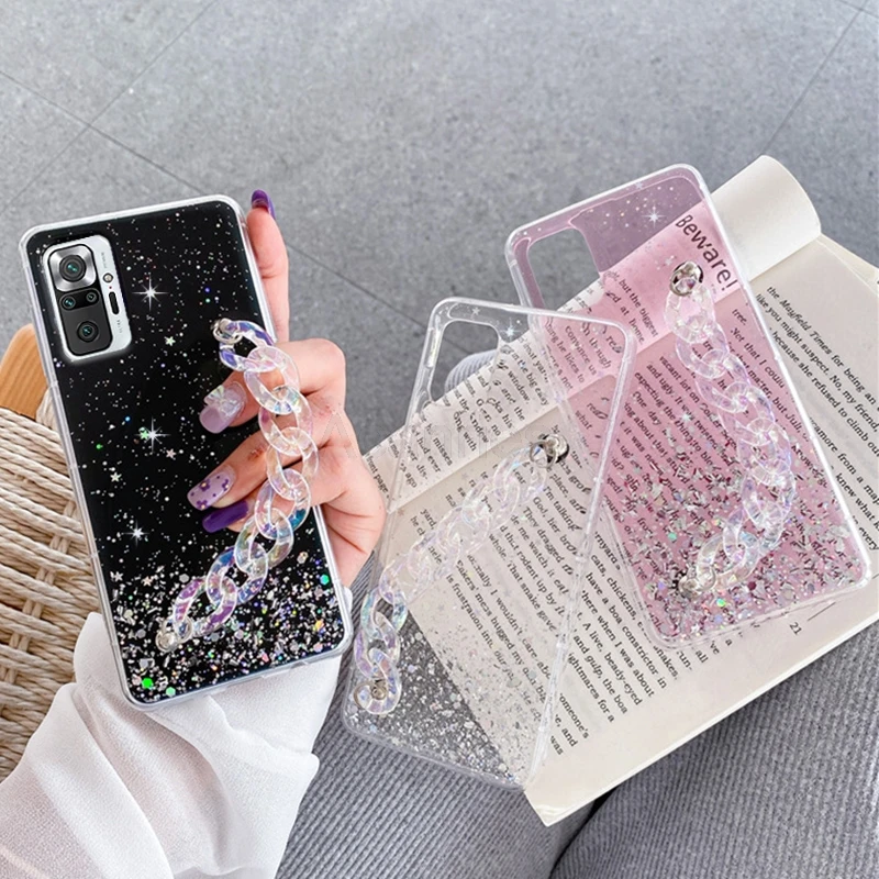 Bling Glitter Bracelet Chain Phone Case For Xiaomi Redmi Note 10 9 10s 9s Pro Max Redmi Note 9t 8t 8 7 Pro Wriststrap Back Cover