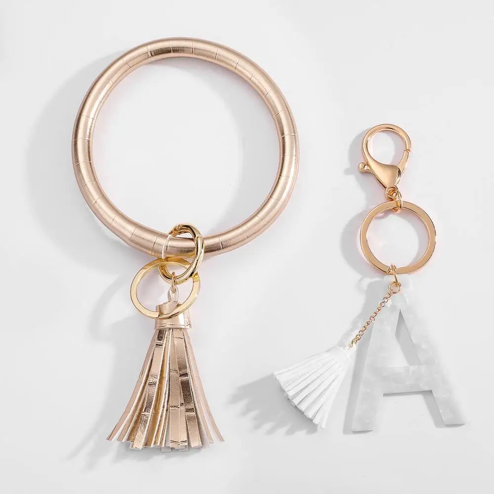 

Fashion Acetate Initial Keychain Gold Color Leather White Letter Keyring Bracelet Popular Pendant Alphabet Resin Keychain