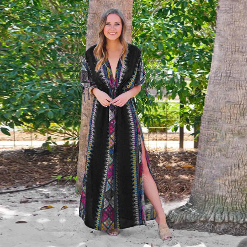 Женское платье с V образным вырезом рукавом до локтя и разрезом сбоку|Женские