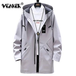 Мужская ветровка, черная Повседневная Длинная Куртка с капюшоном и карманами, осень 2020, размера плюс