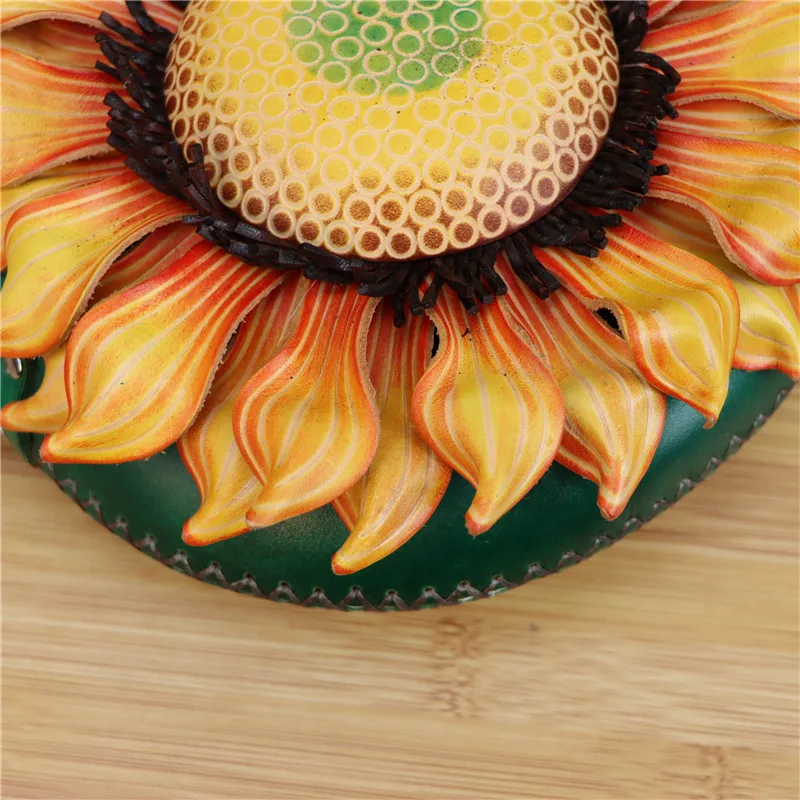 Кожаная сумка через плечо с трехмерным цветком подсолнуха солнце круглая на