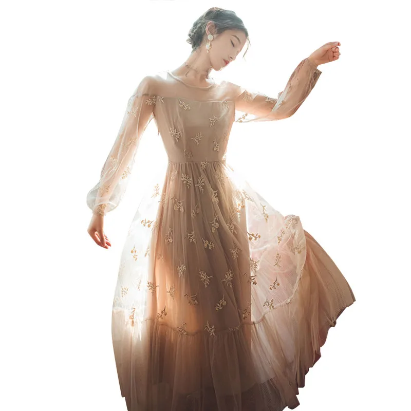 

Long Sleeve Dress Women 2022 Spring Summer Ladies Crochet Flowers Lace Mesh A-line Dress Long Party Dress