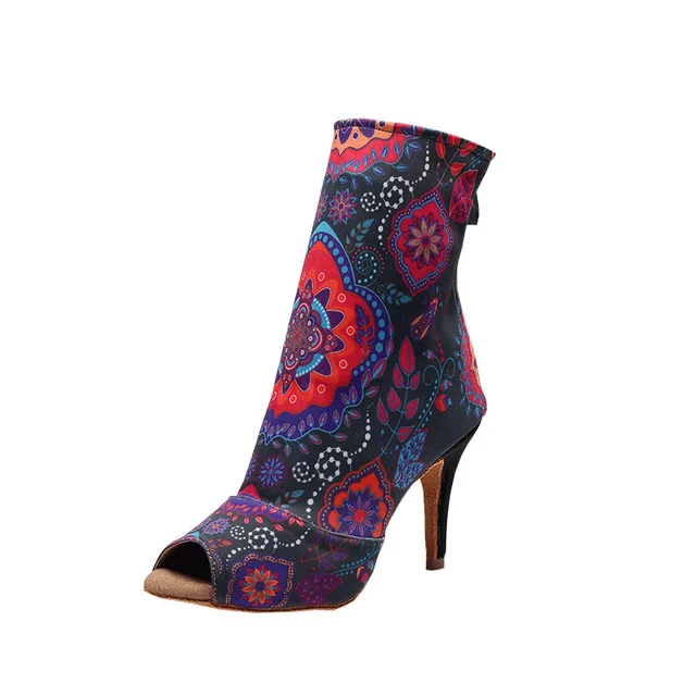 Черные эластичные ботиночки с цветами обувь для латинских танцев танцевальные