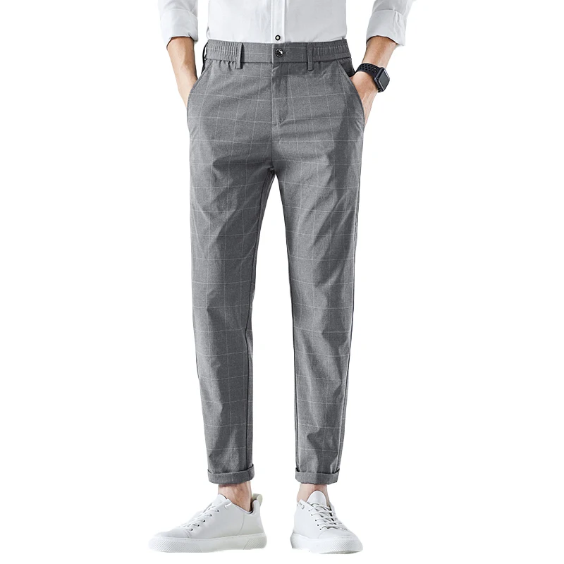 

Dress 2021 Business Pants Ankle Length Plaid Suit Pants Elastic Waist Formal Office Social Casual Pants Male Streetwear Trousers