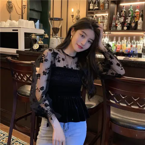 Women Blouses Velour Patchwork Long Sleeve Floral Perspective Sexy High Street Slim Crop Tops Fashion Vintage Elegant Blusas OL