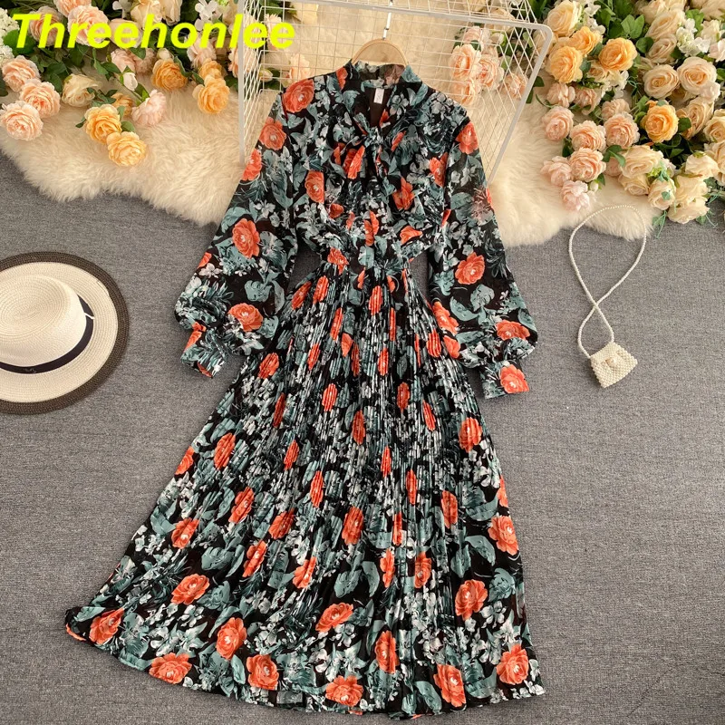 

Summer Vacation Chiffon Shirt Dress Women's Lantern Sleeve Bowtie Collar Elastic Waist Floral Printted Pleated Midi Dress