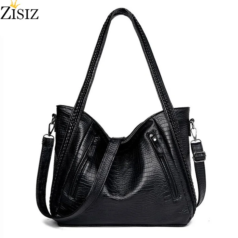 Женская вместительная сумка через плечо однотонная Черная Сумка тоут с узором