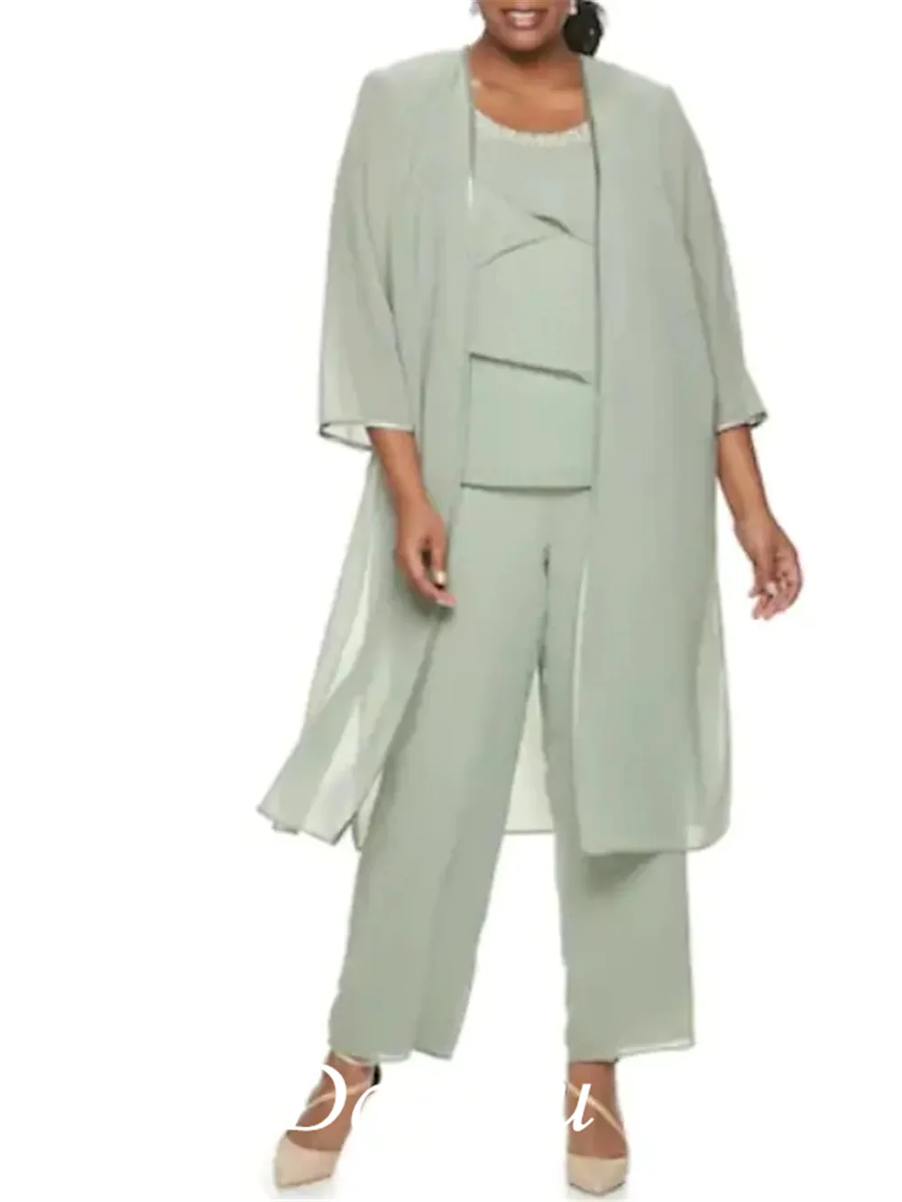 

Jumpsuit Mother of the Bride Dress Plus Size Elegant Scoop Neck Ankle Length Chiffon 3/4 Length Sleeve with Beading Tier 2021