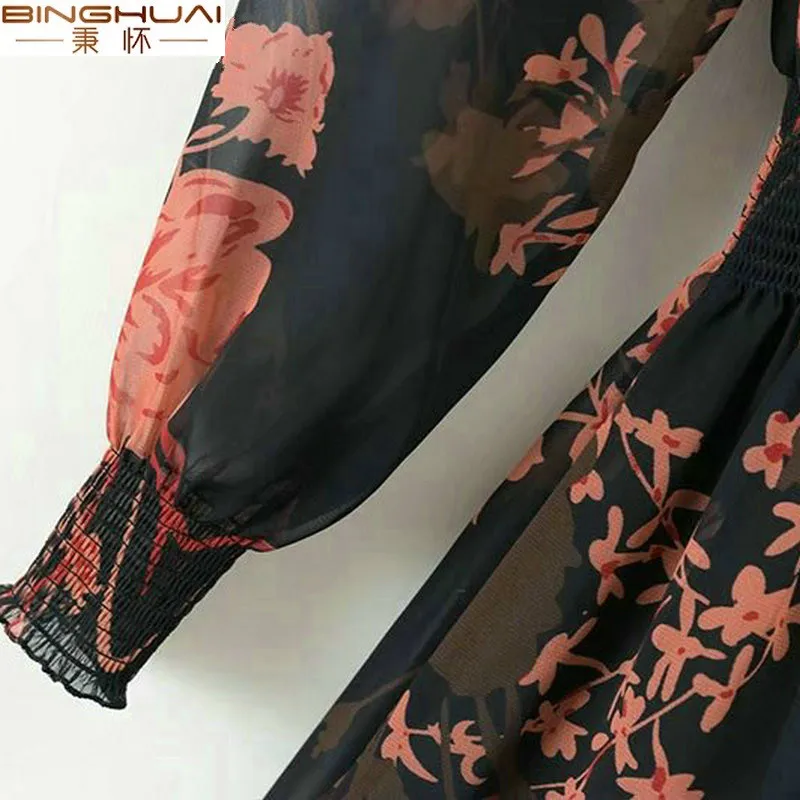 Женское шифоновое платье миди с цветочным принтом и поясом на резинке|Женские