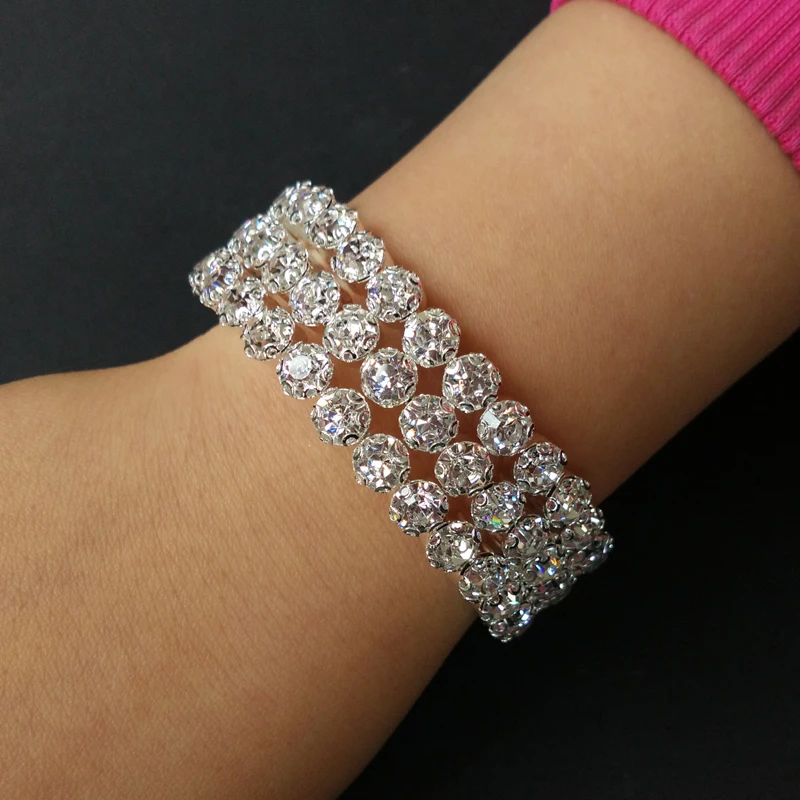 3 ряда кристаллов Большой Стразы стрейч Серебряный Прозрачный Свадьба красота