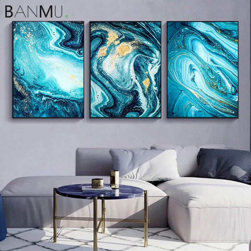 

BANMU 3 Panels Nordic Sea Blue Golden Color Abstract Canvas Painting Wall Art Poster Print Wall Pictures Home Decor No Frame