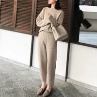 2021 winter casual thick sweater tracksuits o neck jumpers elastic waist pants suit female knitted 2 pieces set