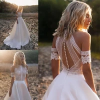 bohemian wedding dresses 2021 lace satin bridal gowns button back a line wedding dress robe de mariee