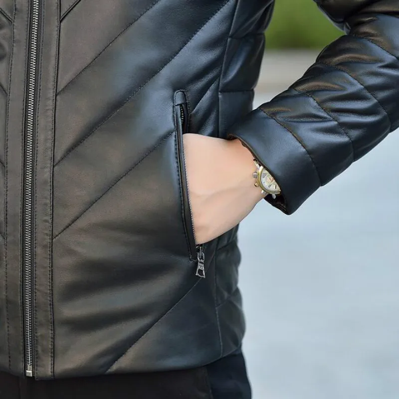 Зимняя новая мужская куртка пуховик кожаная короткая тонкая норковая Меховая с